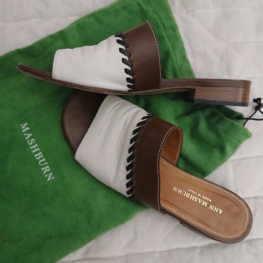 Ann Mashburn White & Brown Spring Italian Lotus Vacation Slides Sandals--37/6.5 - Picture 4 of 12